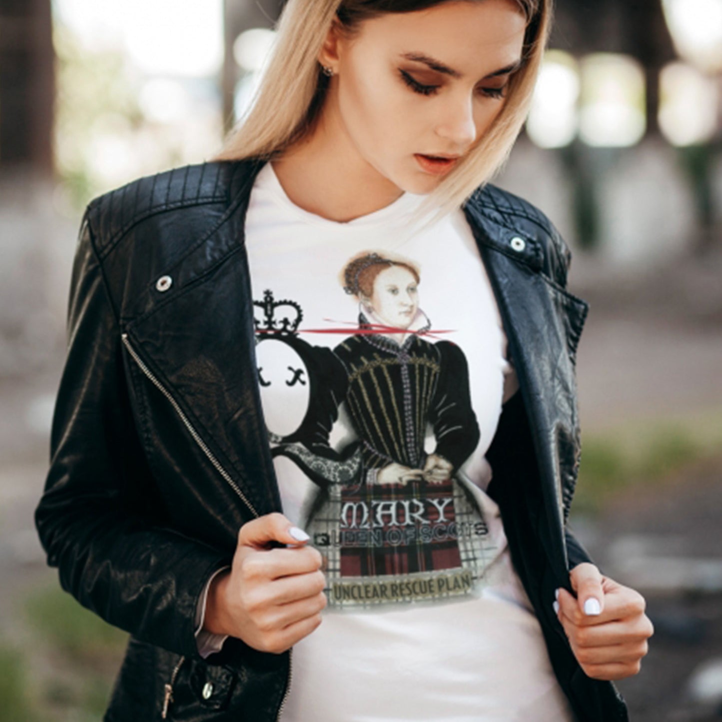 Mary Queen of Scots T-Shirt with Leather Jacket