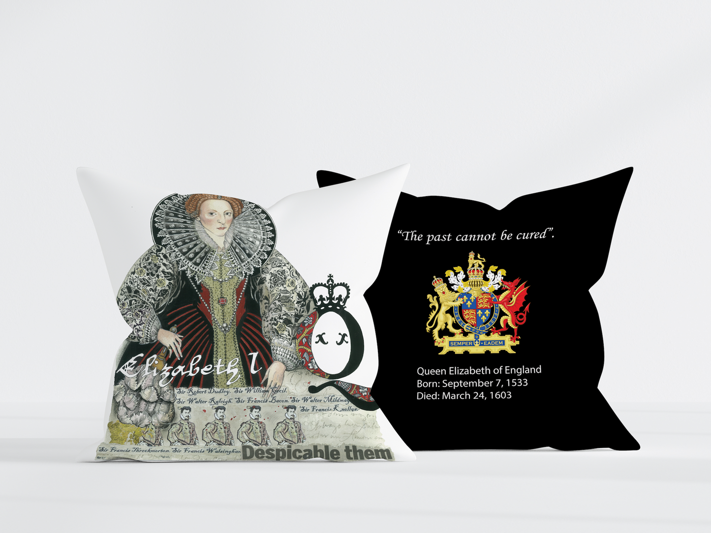 Queen Elizabeth Pillow Black Back 18x18