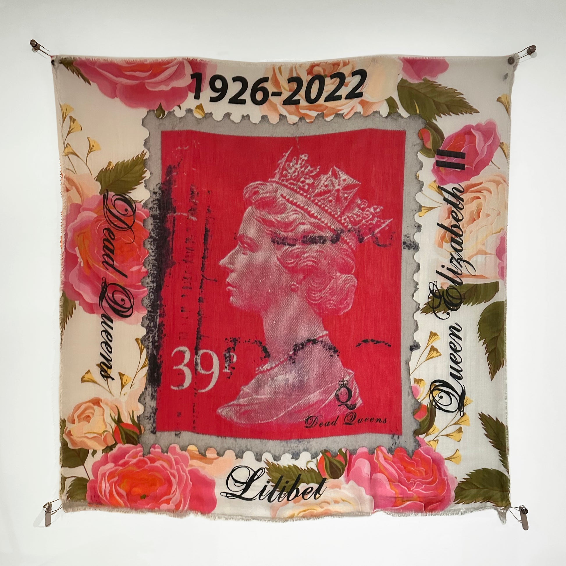 Queen Elizabeth II Floral Stamp Scarf -  Wall Hanging - Dead Queens