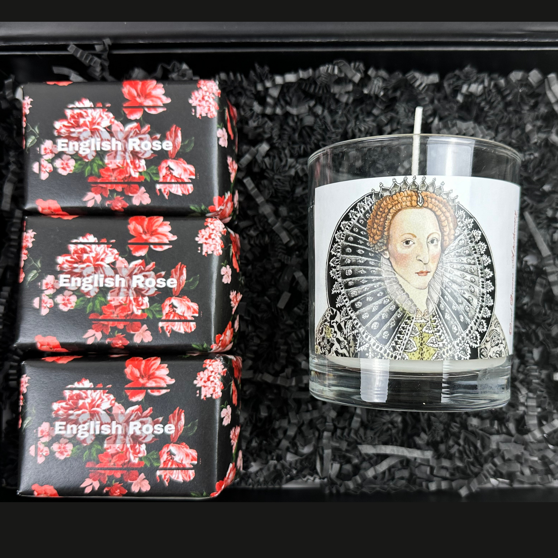 Queen Elizabeth Candle and three English Rose Soap Gift Box